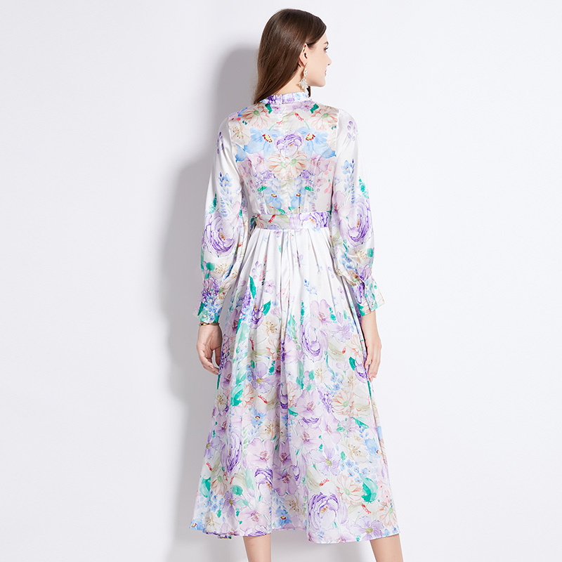 Cstand collar satin printing lantern sleeve dress