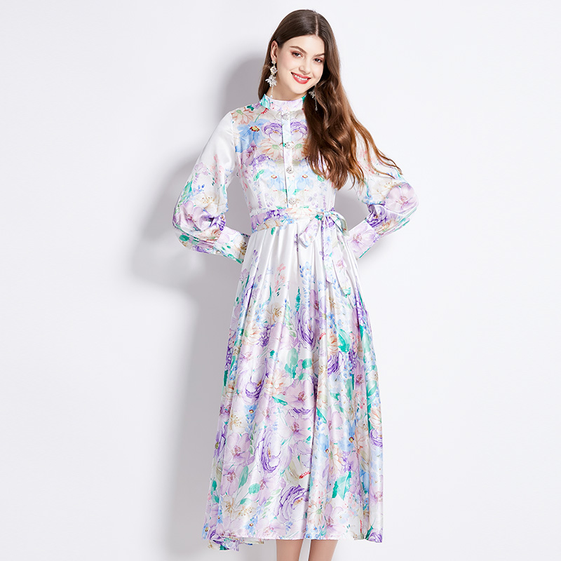 Cstand collar satin printing lantern sleeve dress