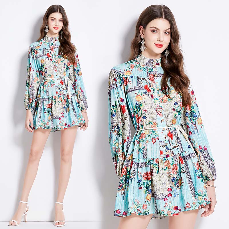 Long sleeve printing short spring retro dress