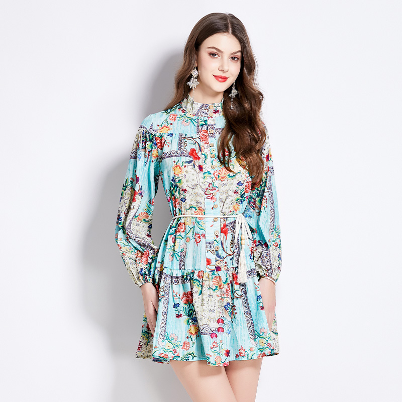 Long sleeve printing short spring retro dress