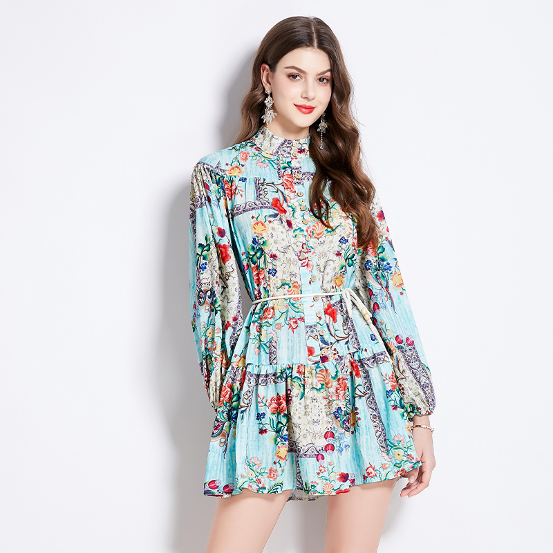 Long sleeve printing short spring retro dress