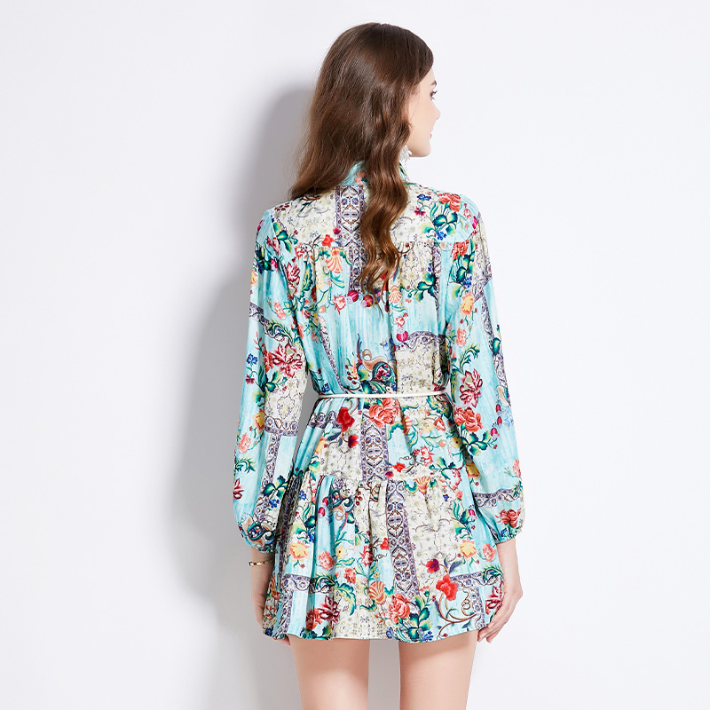 Long sleeve printing short spring retro dress