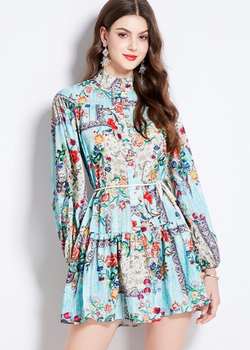 Long sleeve printing short spring retro dress