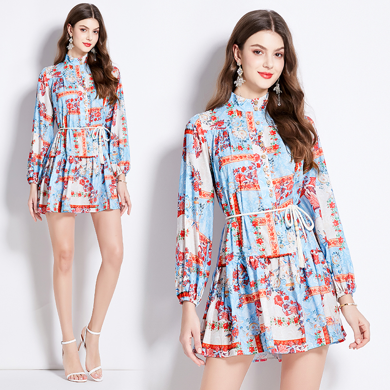 Long sleeve spring printing short temperament retro dress