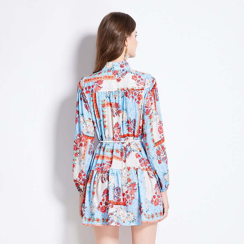 Long sleeve spring printing short temperament retro dress