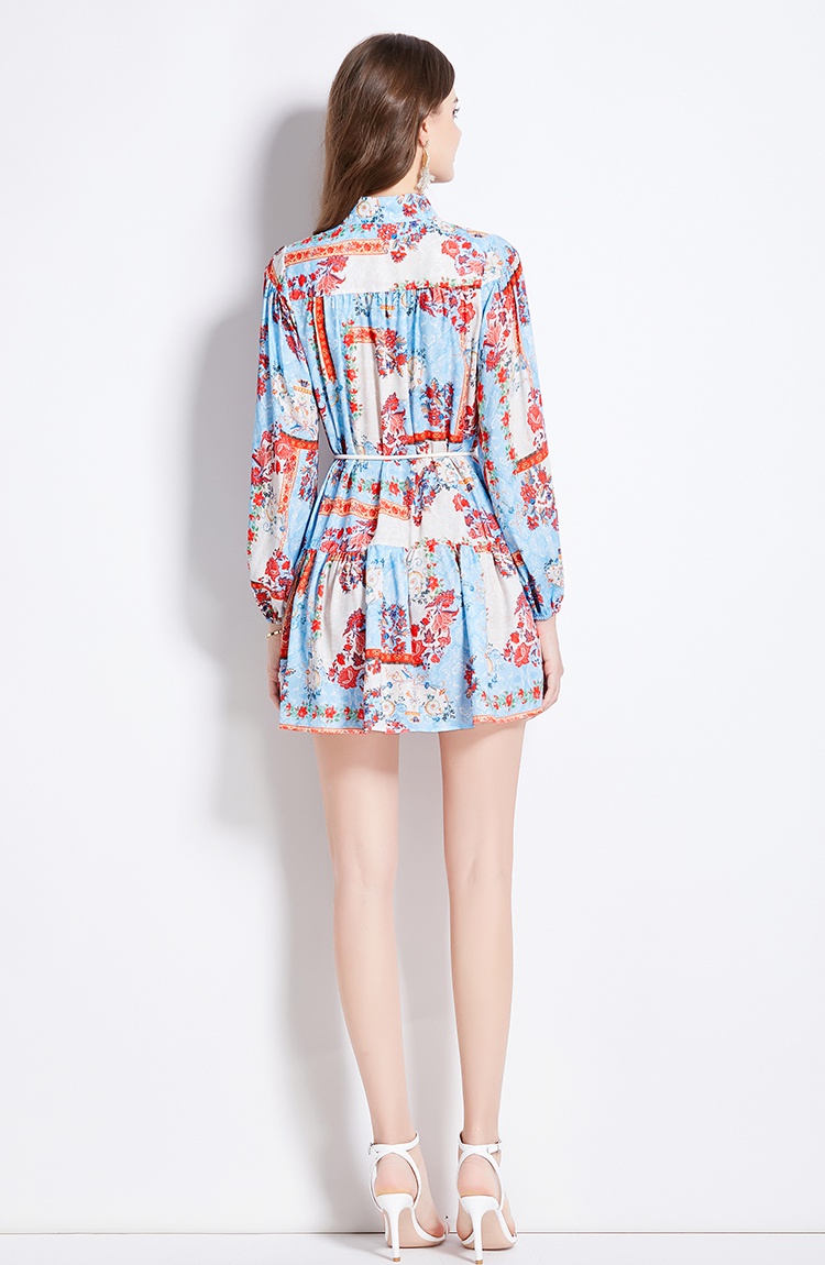 Long sleeve spring printing short temperament retro dress