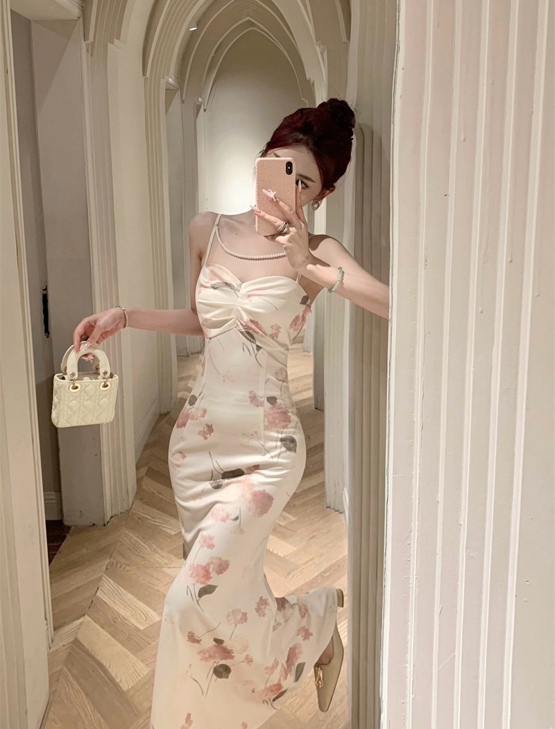 Summer sling printing slim long dress