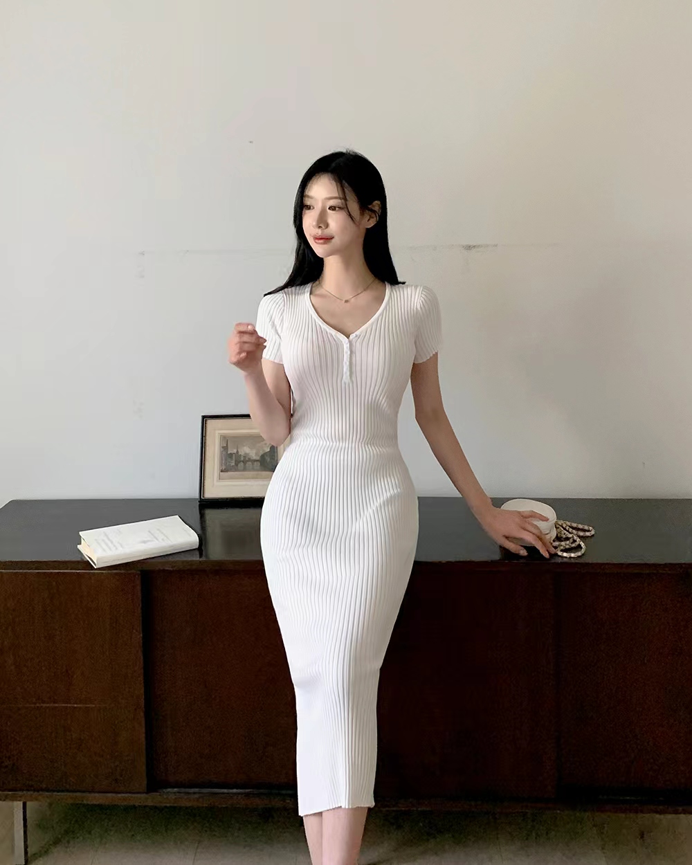 Pinched waist retro Korean style V-neck long dress