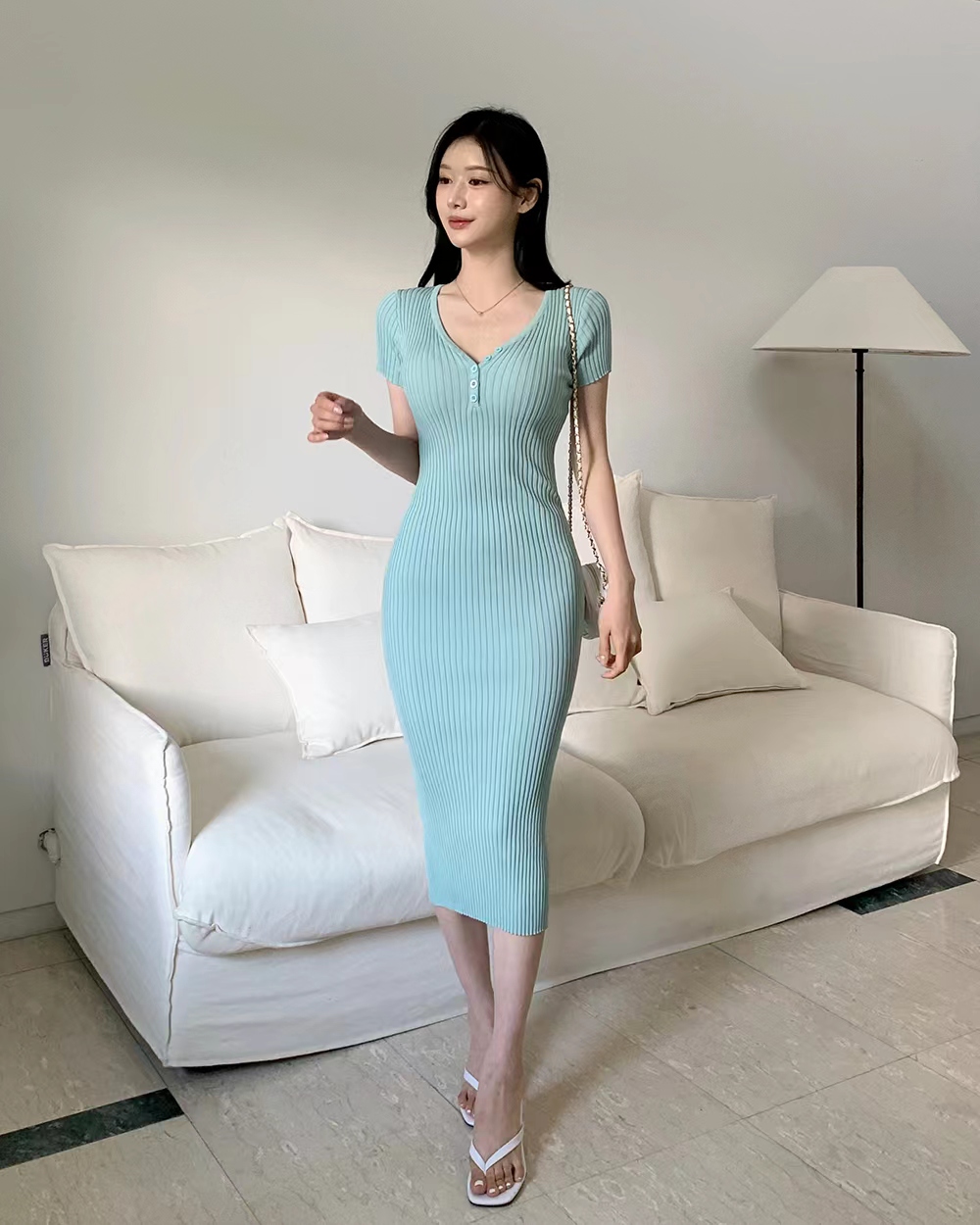 Pinched waist retro Korean style V-neck long dress