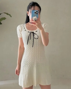 Short sleeve Korean style sweet dress pinched waist bow T-back