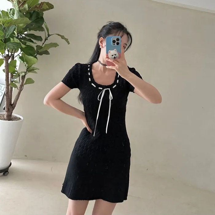 Short sleeve Korean style sweet dress pinched waist bow T-back