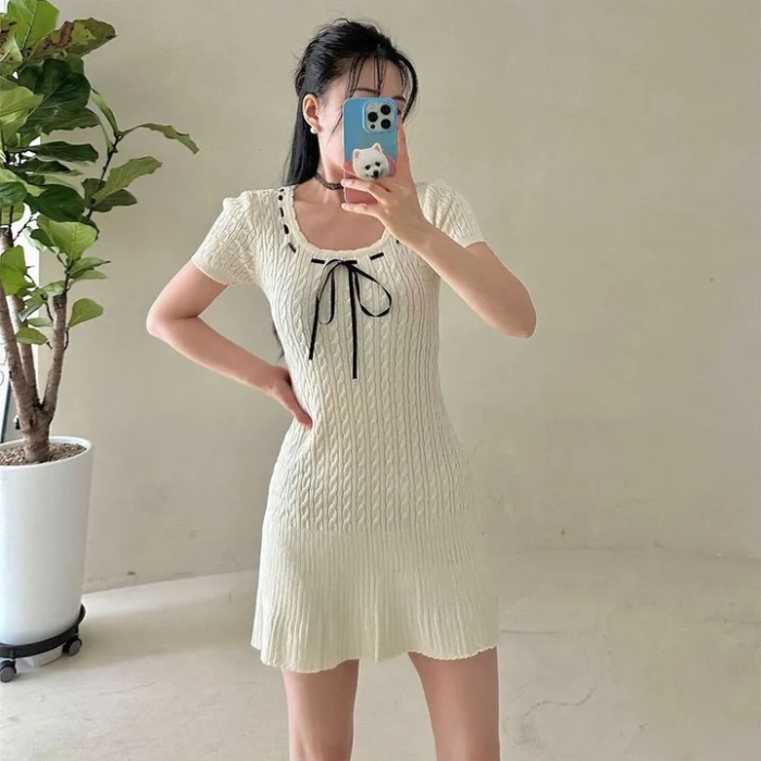 Short sleeve Korean style sweet dress pinched waist bow T-back