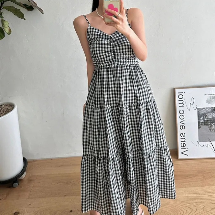 Folds sling sweet pinched waist summer plaid dress