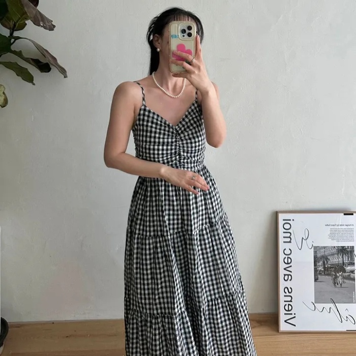 Folds sling sweet pinched waist summer plaid dress