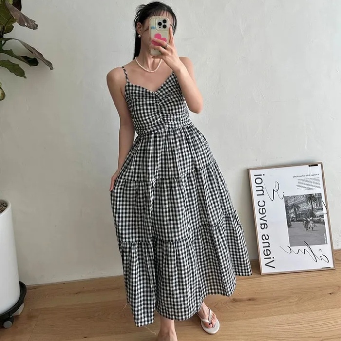 Folds sling sweet pinched waist summer plaid dress