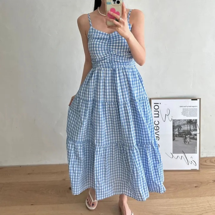 Folds sling sweet pinched waist summer plaid dress