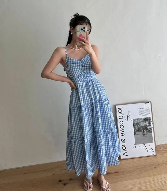 Folds sling sweet pinched waist summer plaid dress