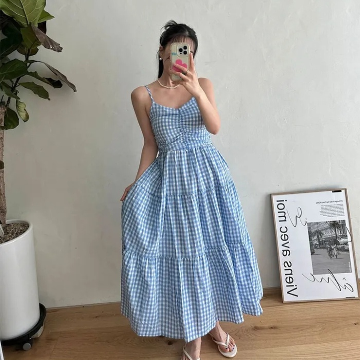 Folds sling sweet pinched waist summer plaid dress