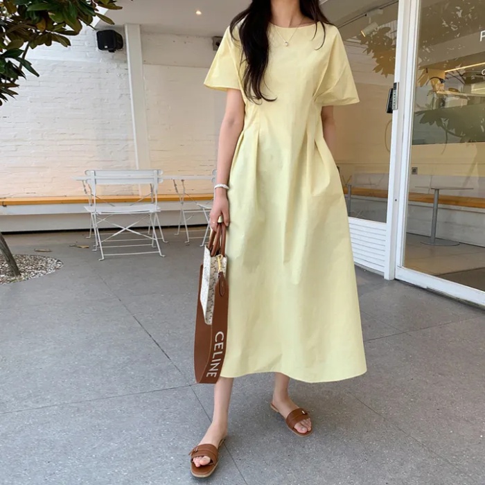 Round neck folds dress temperament long dress