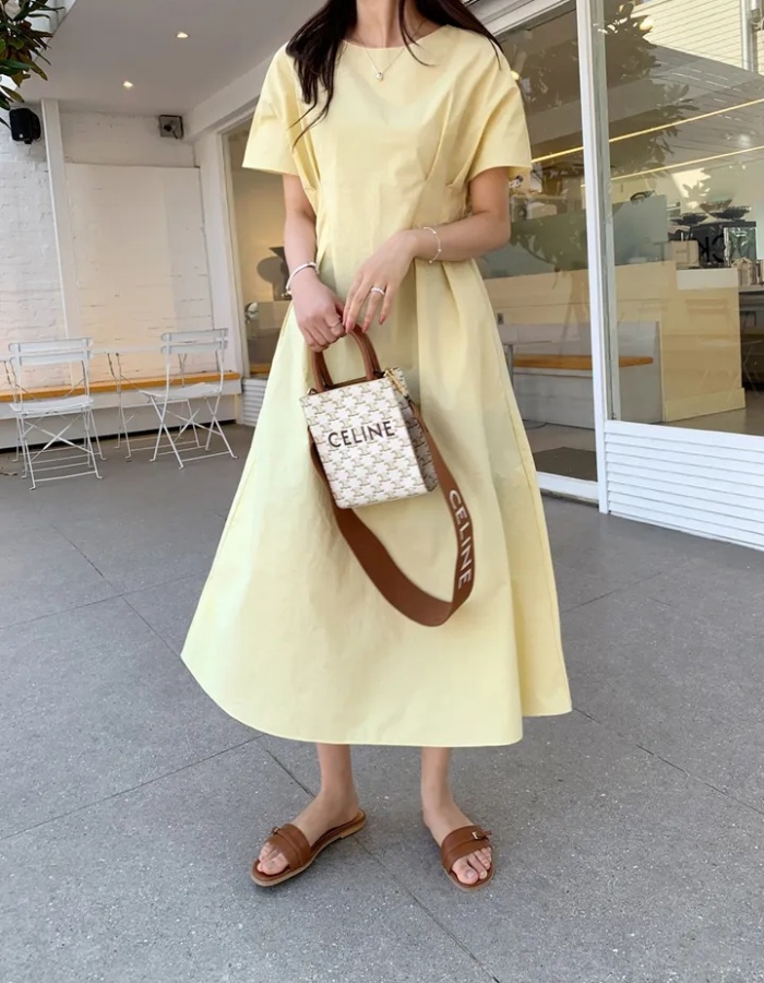 Round neck folds dress temperament long dress