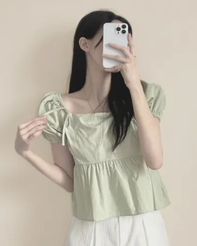 Refreshing bow simple tops puff sleeve square collar shirt