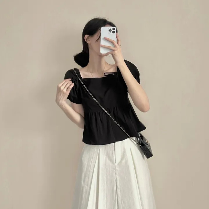 Refreshing bow simple tops puff sleeve square collar shirt