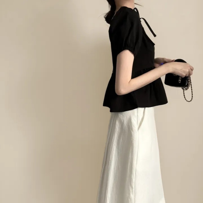 Refreshing bow simple tops puff sleeve square collar shirt