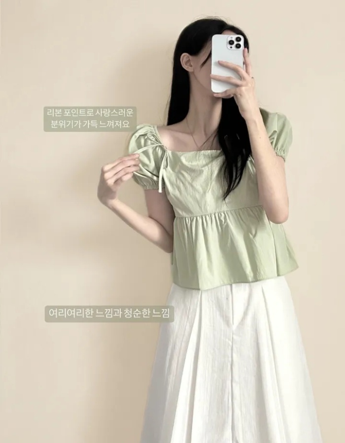 Refreshing bow simple tops puff sleeve square collar shirt