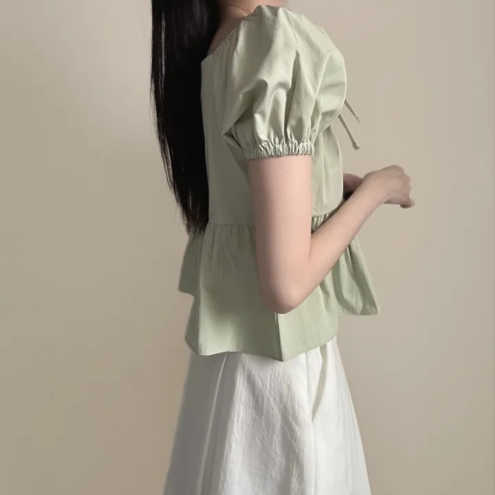 Refreshing bow simple tops puff sleeve square collar shirt