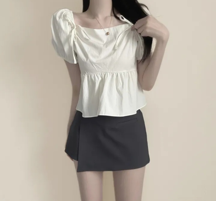 Refreshing bow simple tops puff sleeve square collar shirt