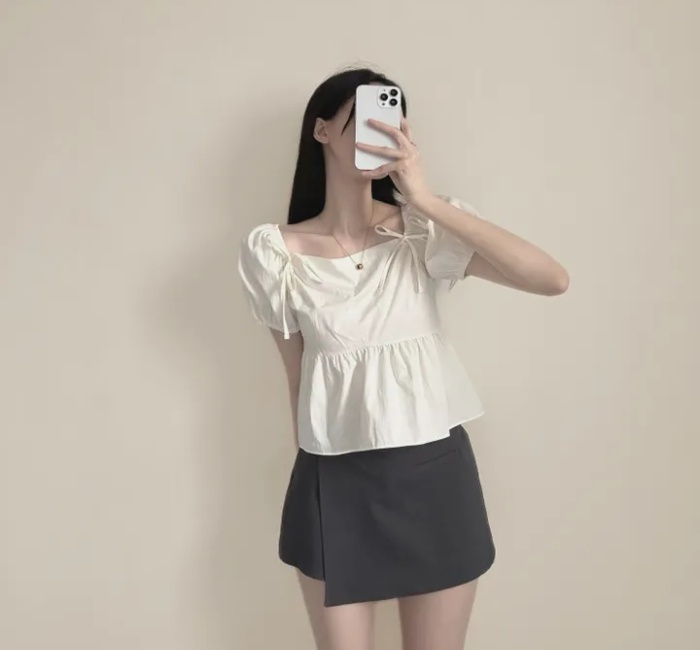 Refreshing bow simple tops puff sleeve square collar shirt