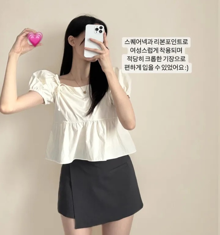 Refreshing bow simple tops puff sleeve square collar shirt