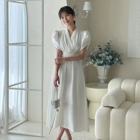 Summer Korean style frenum pinched waist dress