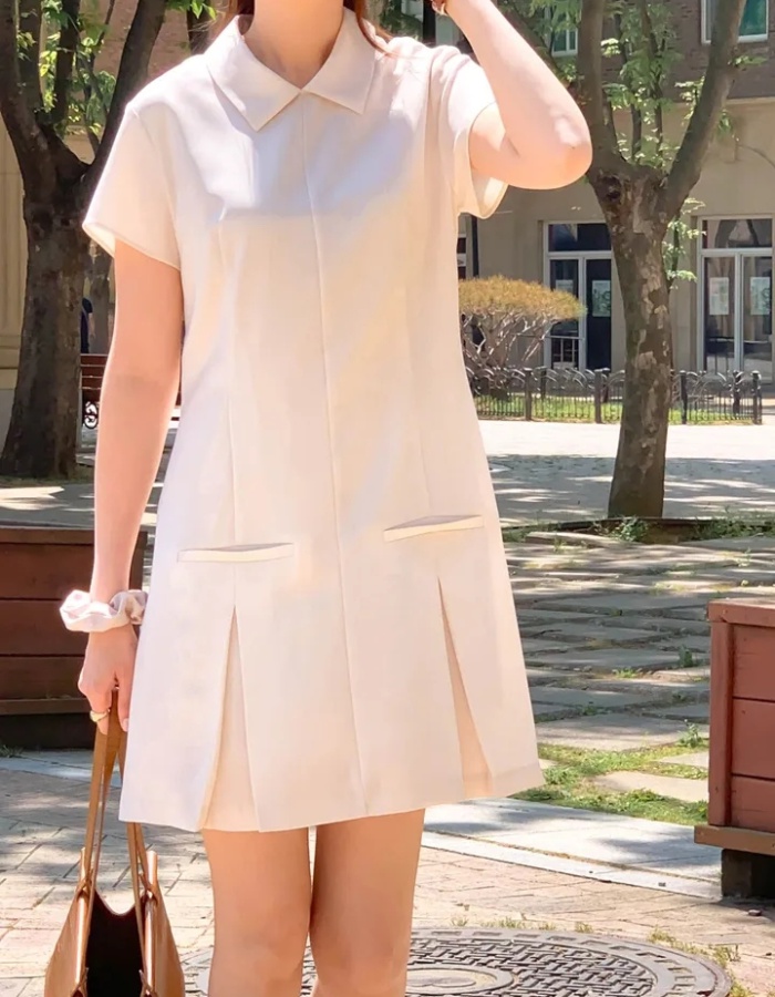 Small lapel Korean style summer T-back France style folds dress