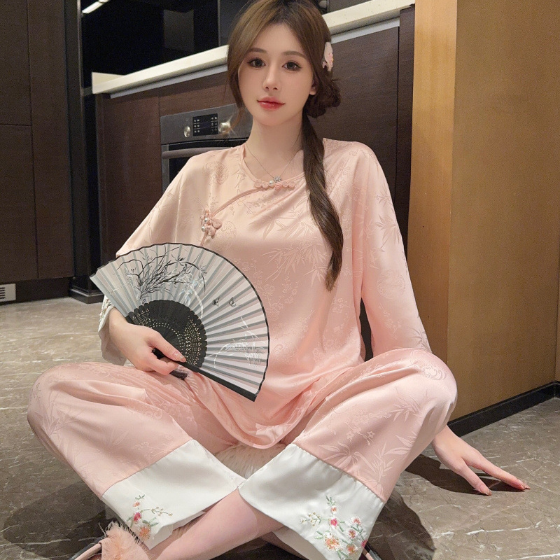 Round neck long sleeve jacquard Chinese style long pants a set