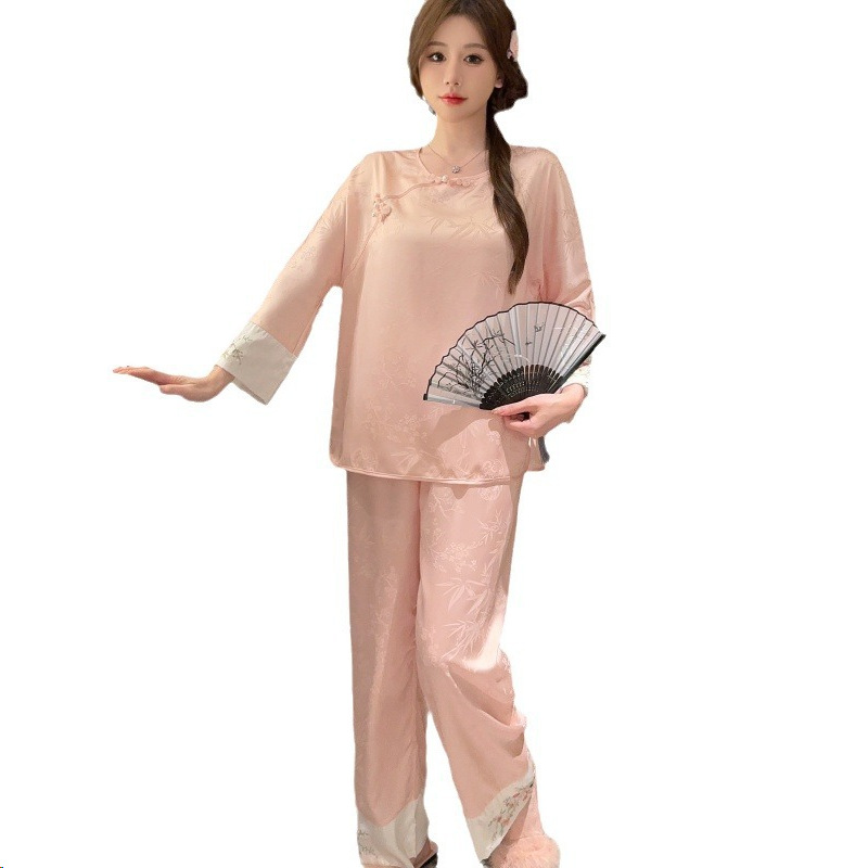 Round neck long sleeve jacquard Chinese style long pants a set