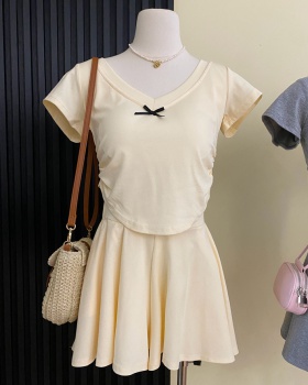 Back hollow V-neck T-shirt pure cotton short skirt 2pcs set