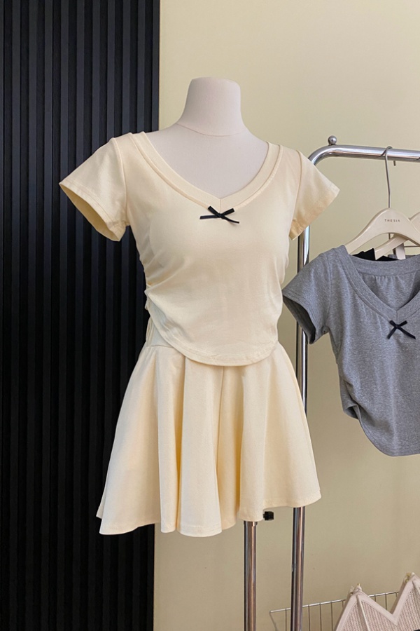 Back hollow V-neck T-shirt pure cotton short skirt 2pcs set