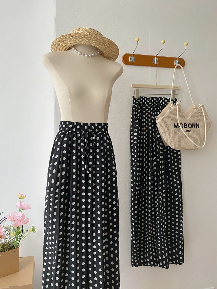 Polka dot elastic waist wide leg pants Casual all-match pants