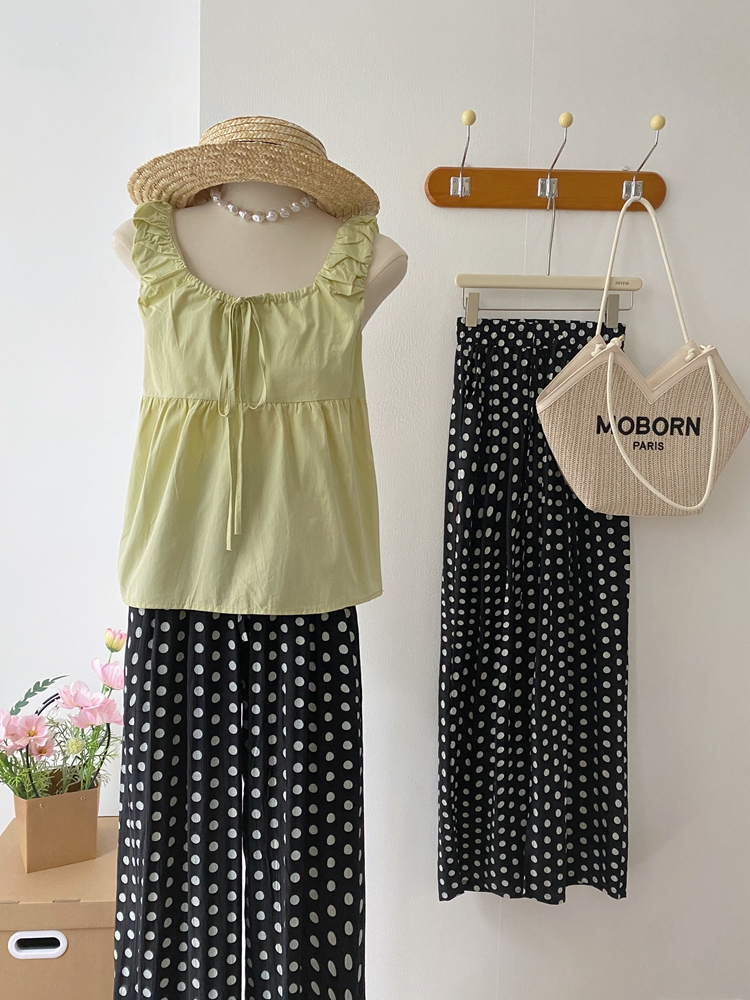 Polka dot elastic waist wide leg pants Casual all-match pants