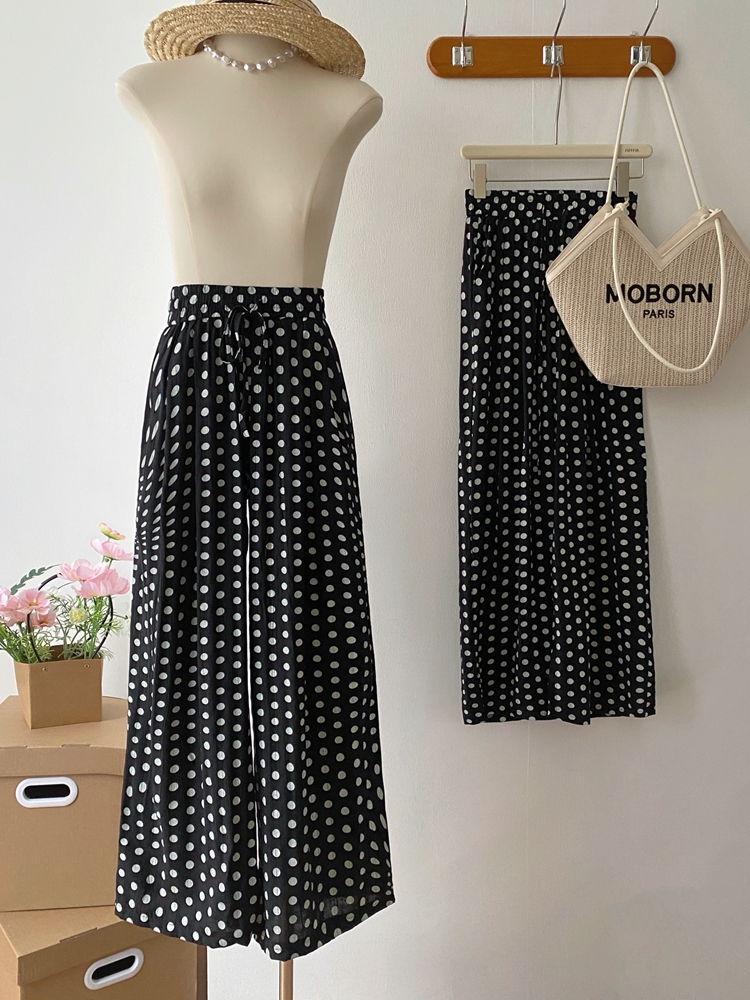 Polka dot elastic waist wide leg pants Casual all-match pants