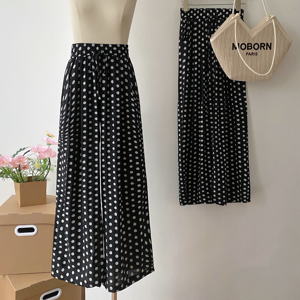 Polka dot elastic waist wide leg pants Casual all-match pants