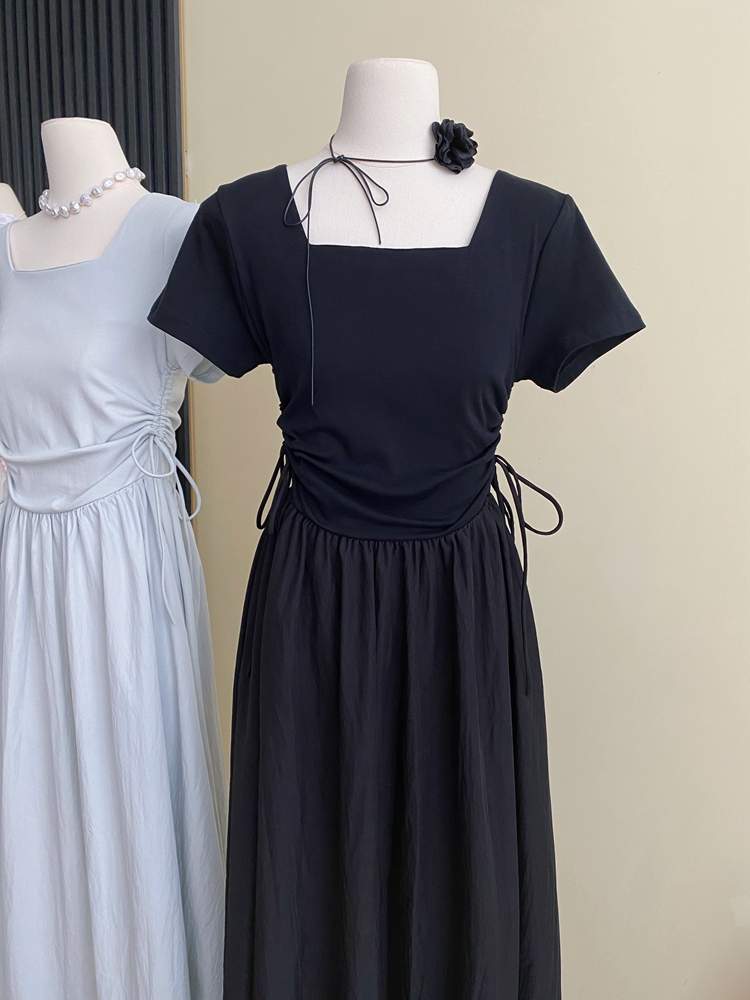 Summer long enticement square collar pinched waist dress