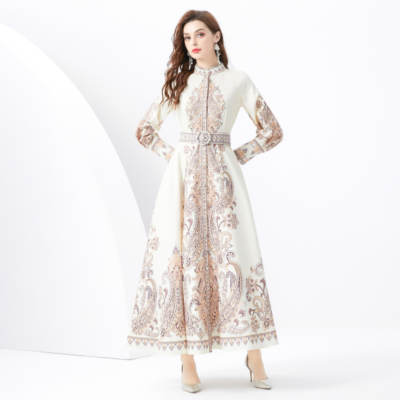 Court style printing cstand collar lantern sleeve dress