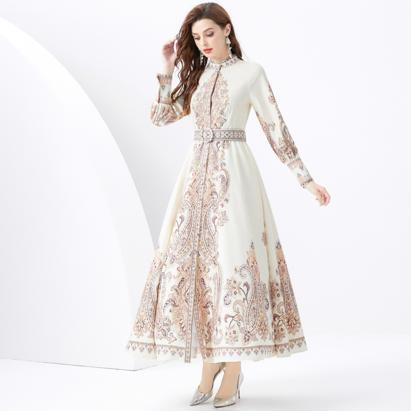 Court style printing cstand collar lantern sleeve dress