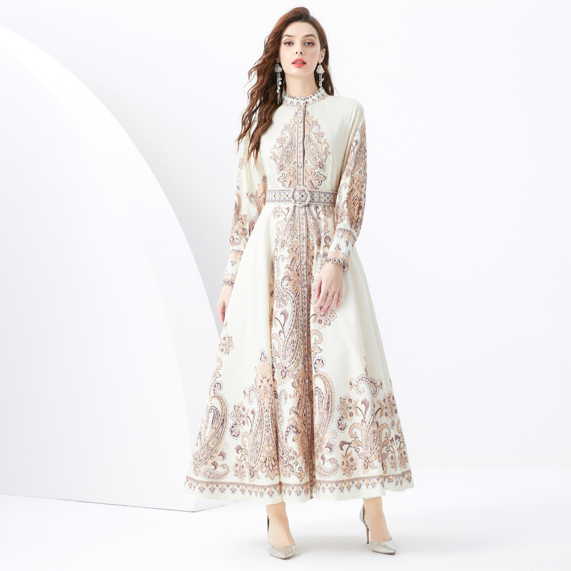 Court style printing cstand collar lantern sleeve dress