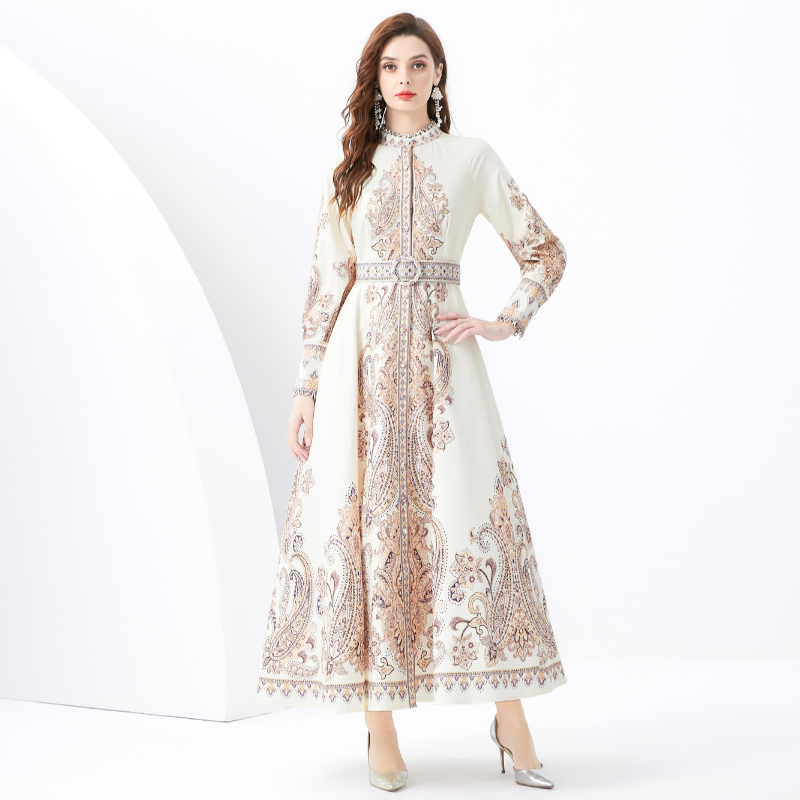 Court style printing cstand collar lantern sleeve dress