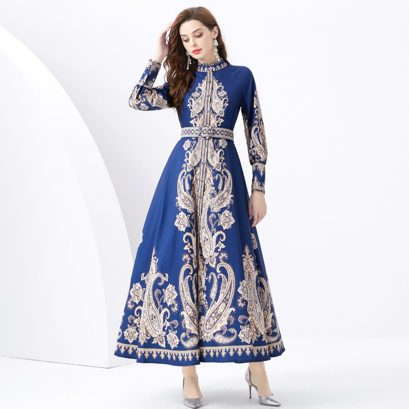 Court style cstand collar lace lantern sleeve long dress