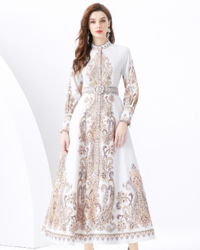 Long lace cstand collar court style vacation dress