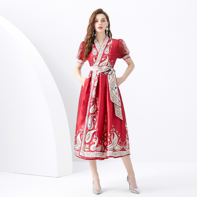 Long frenum style lantern sleeve V-neck retro dress